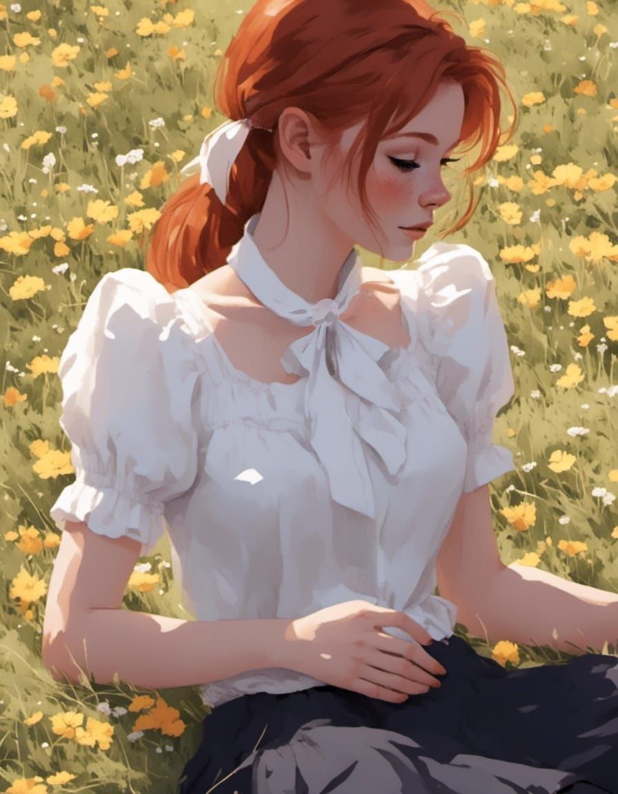 Fox-girl VIXEN sitting on the grass.