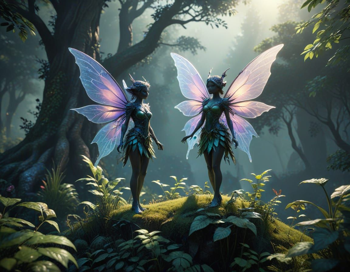 Fantasy Fairies in Vibrant, Misty Mountain Landscape