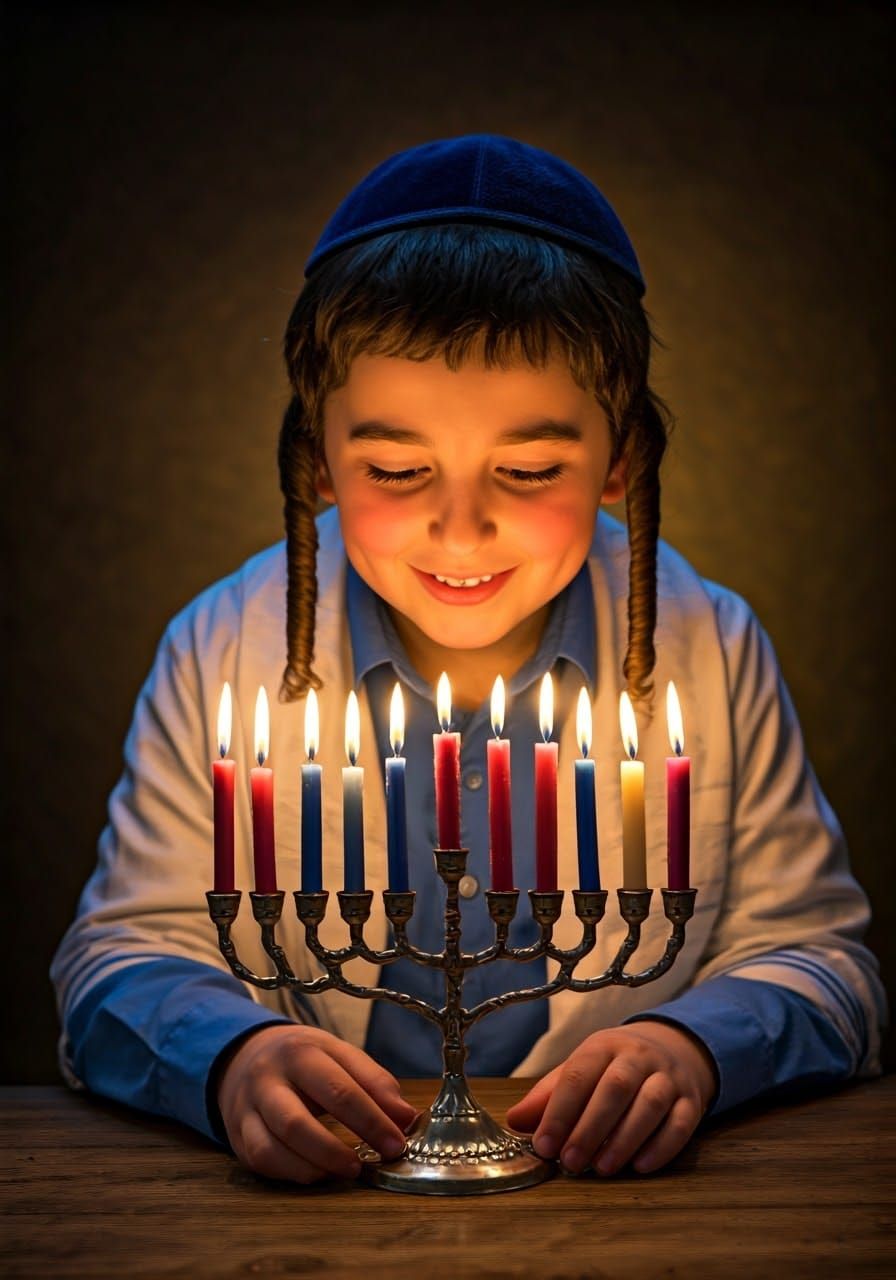 ילד חסידי חמוד מדליק נרות חנוכה