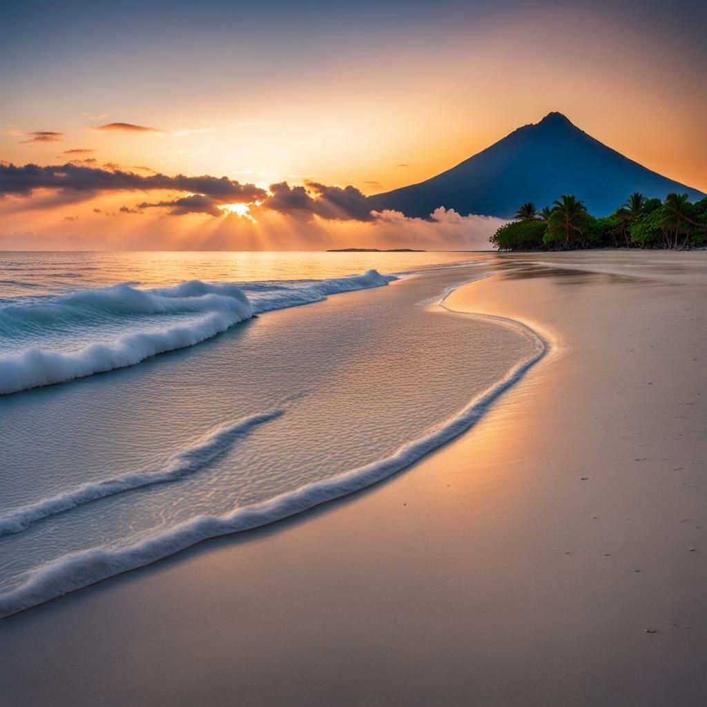 Beautiful sunset on the beach with white sand, in the distan...