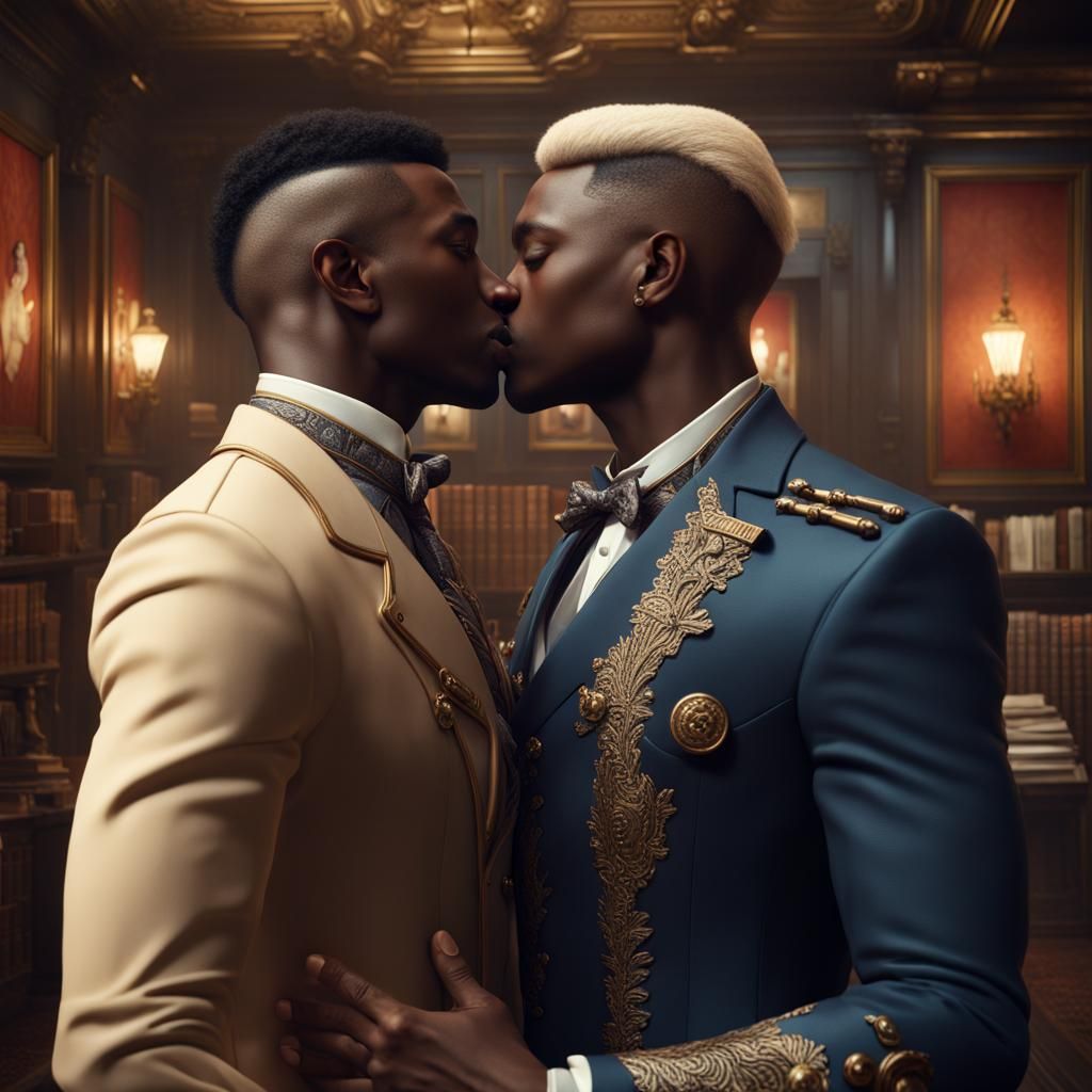 Blond European gay man and black African gay man kiss in a century office -  AI Generated Artwork - NightCafe Creator