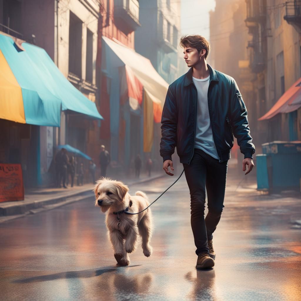 Hyperrealistic Portrait of Handsome Man with Puppy