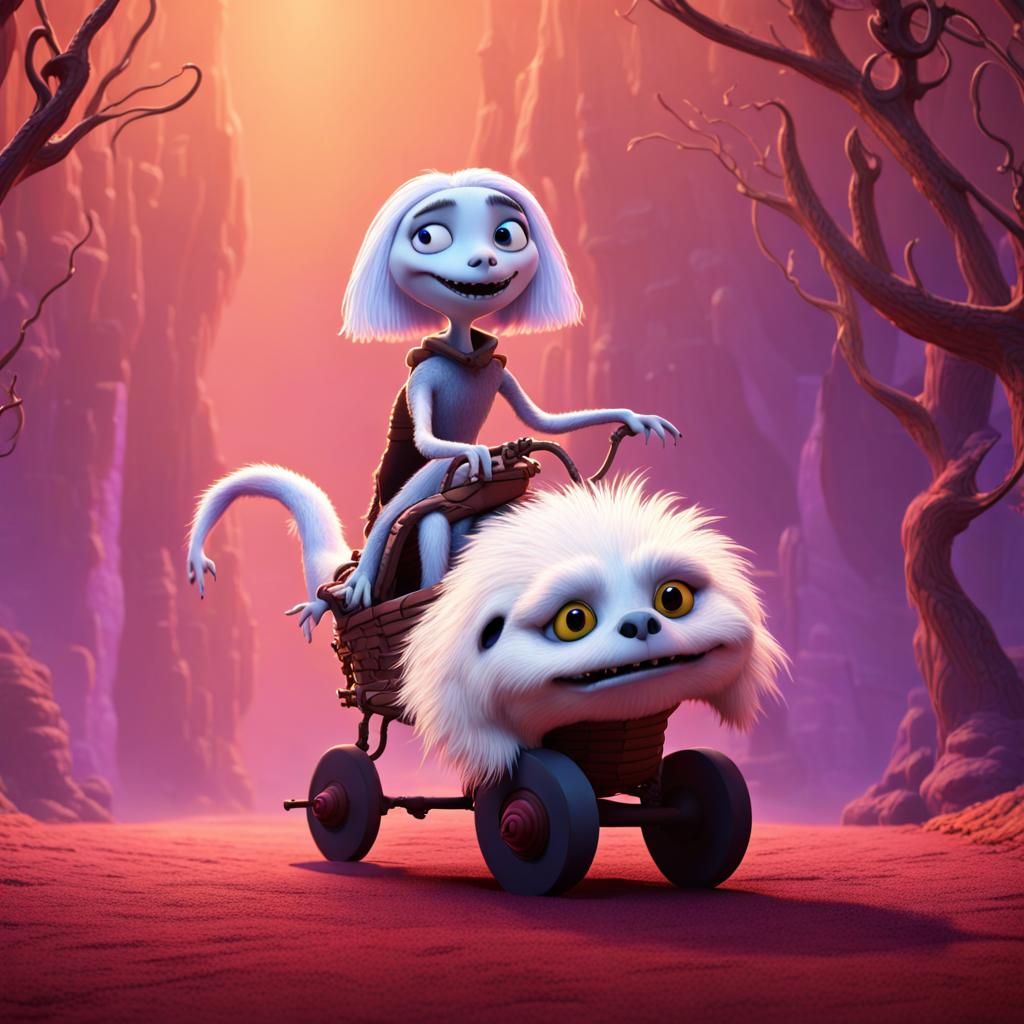 Sally from Nightmare Before Christmas riding Falcor from nev...