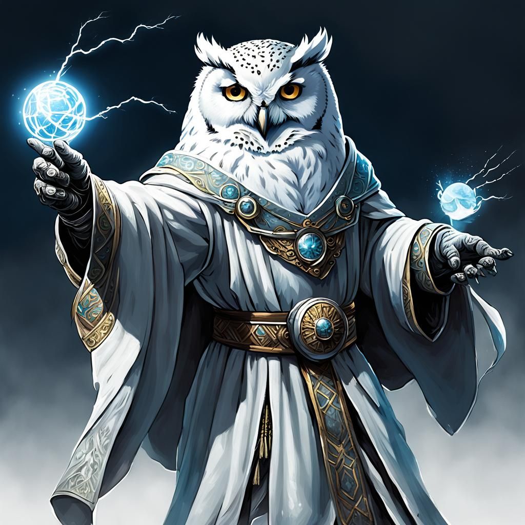Anthropomorphic Snowy owl warrior in fantasy robes holding o...
