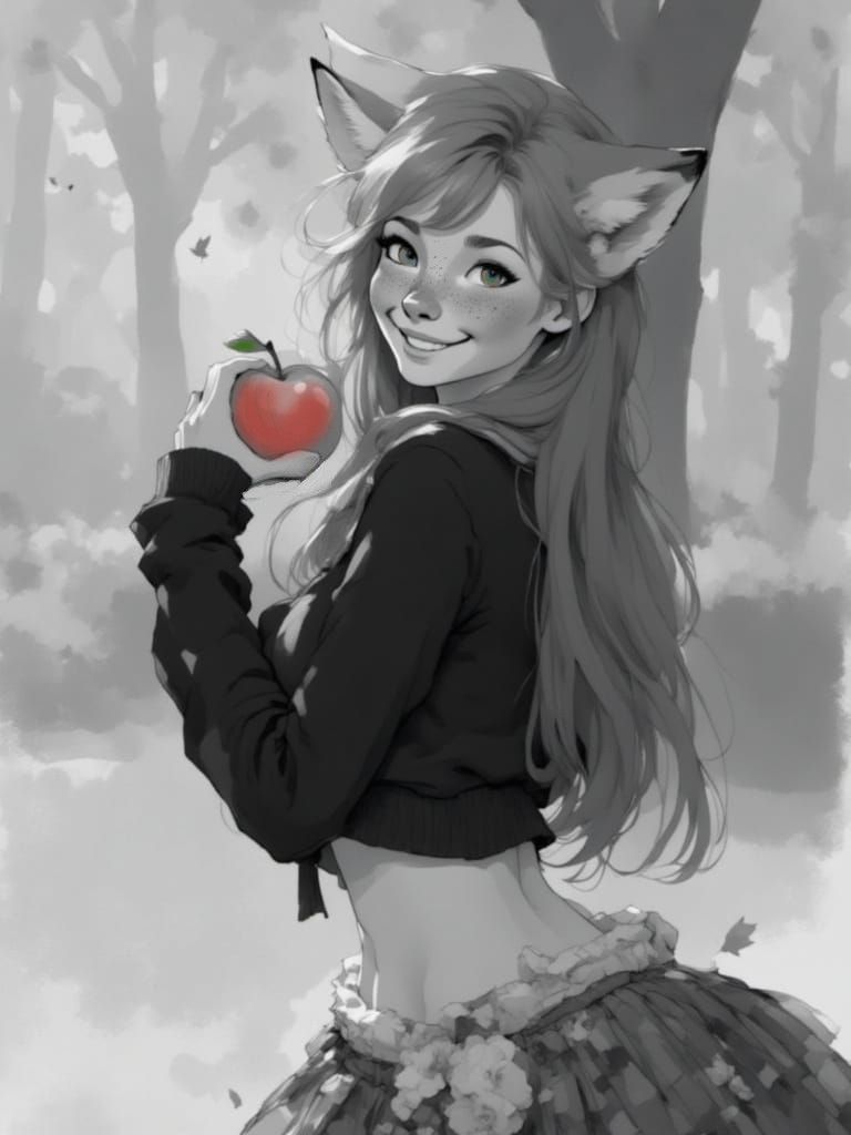 Fox-girl Vixen with an apple