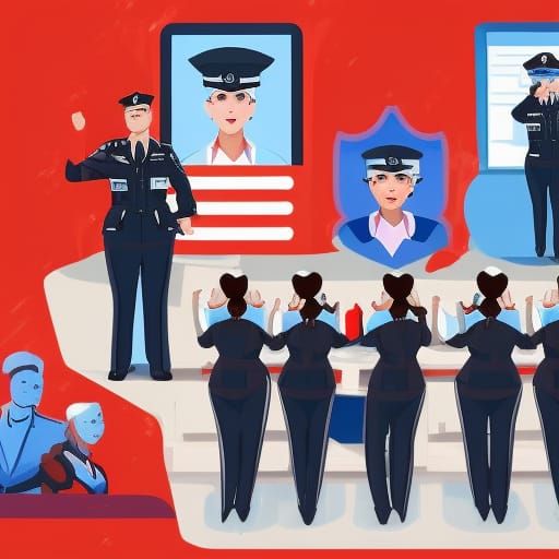 policemen and women in business uniform speaking in front of...