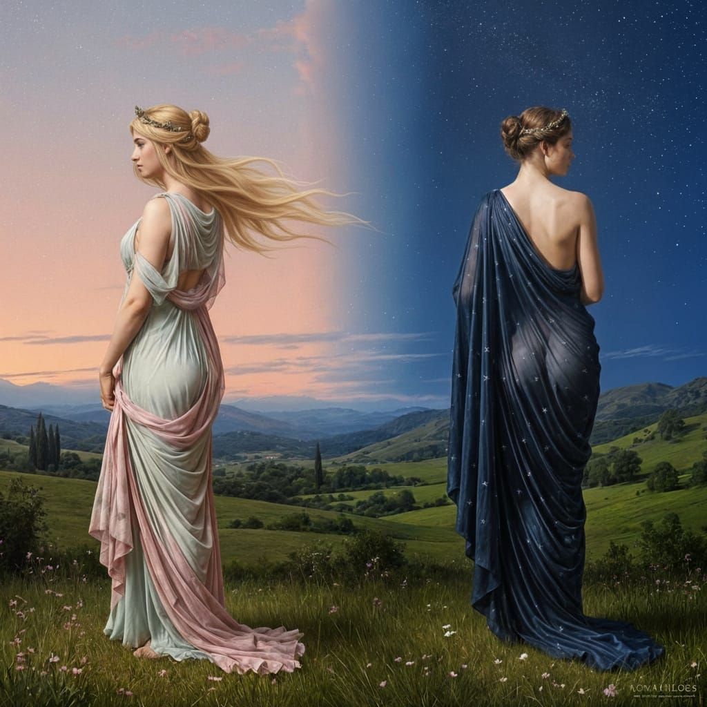 Two Greek Goddesses stand far apart, with their backs to each other. The one on the left is viewed from her left side , the one on the right...