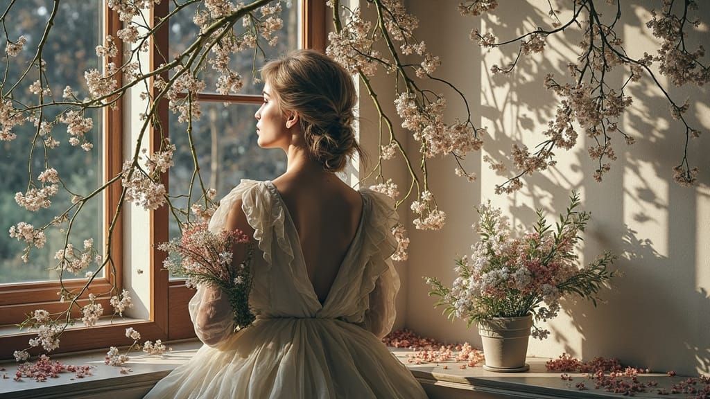 add small wildflowers, in the branches in her hair 4K 64 megapixels 8K resolution HDR golden hour hyperrealism intricate Hyperrealistic, spl...