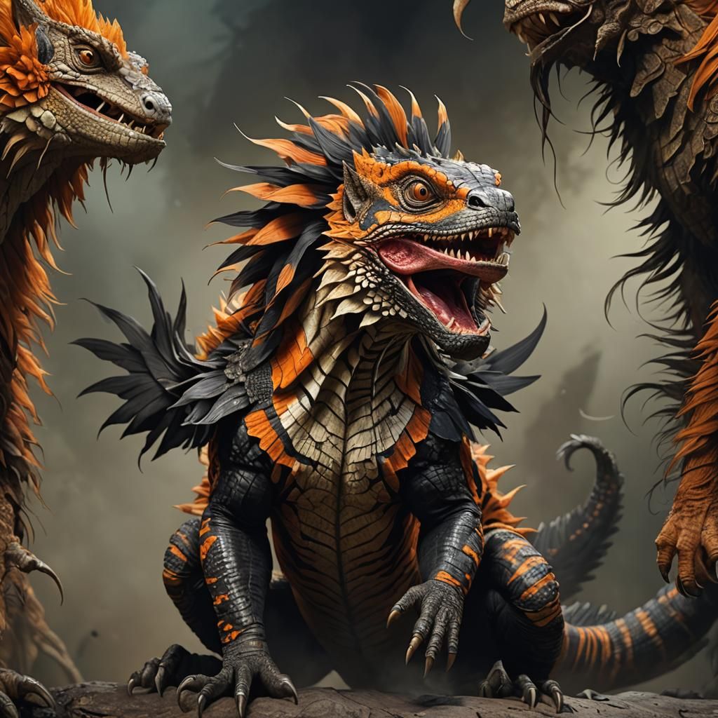 Animal with a frilled neck lizard head with a frill, a tiger...