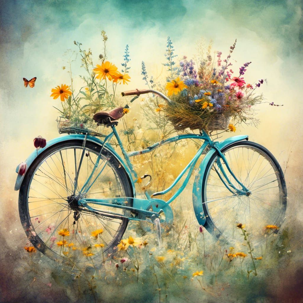 <lora:MJ6 Watercolor DE:1.0> double exposure of Vintage bicycle and wildflower, isolated on a white background, stock vector illustration,...