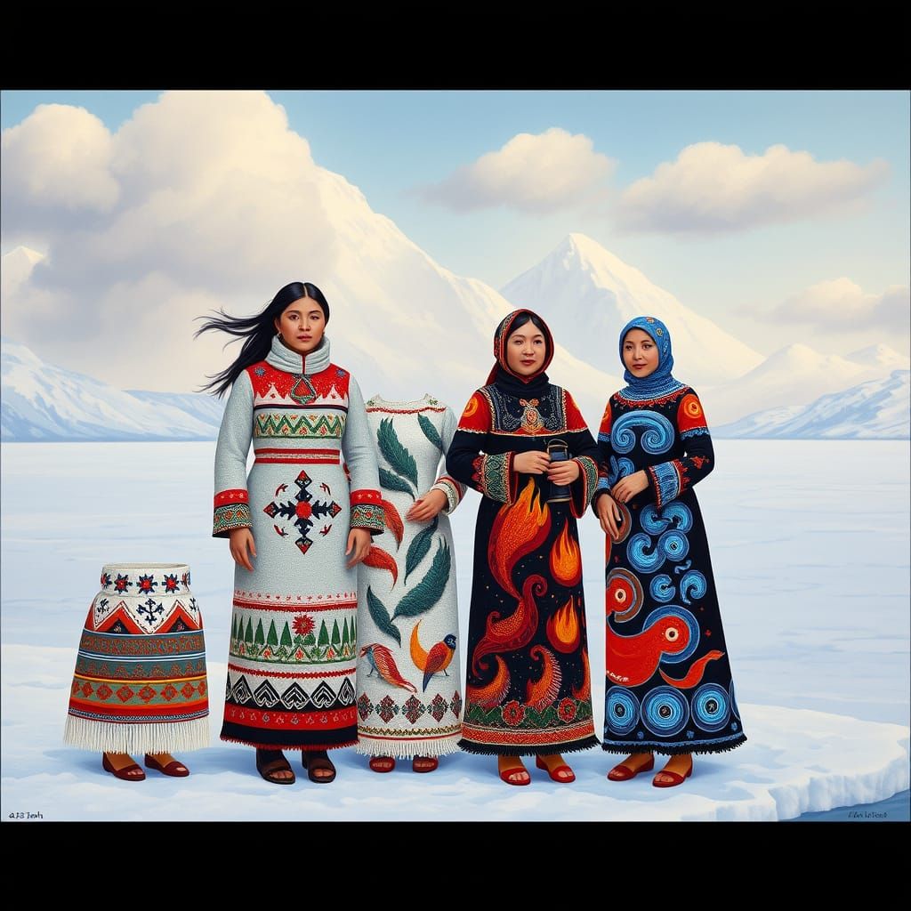 Four Inuit women in traditional dresses, each embodying an element.