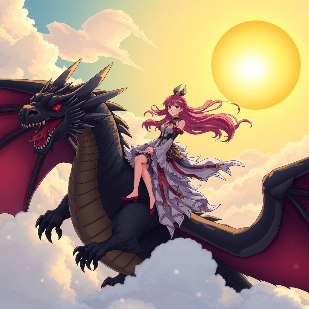 Anime Heroine on Dragon Soaring Through Clouds