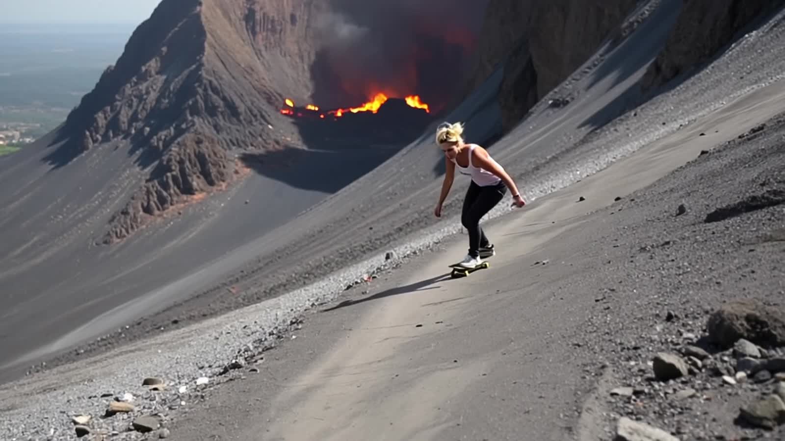 A blonde woman skateboarding down an active volcano
