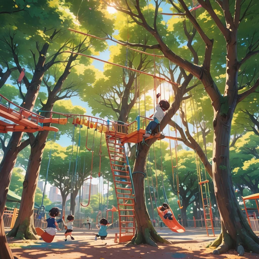 Colorful Anime Playground Scene with Children Playing