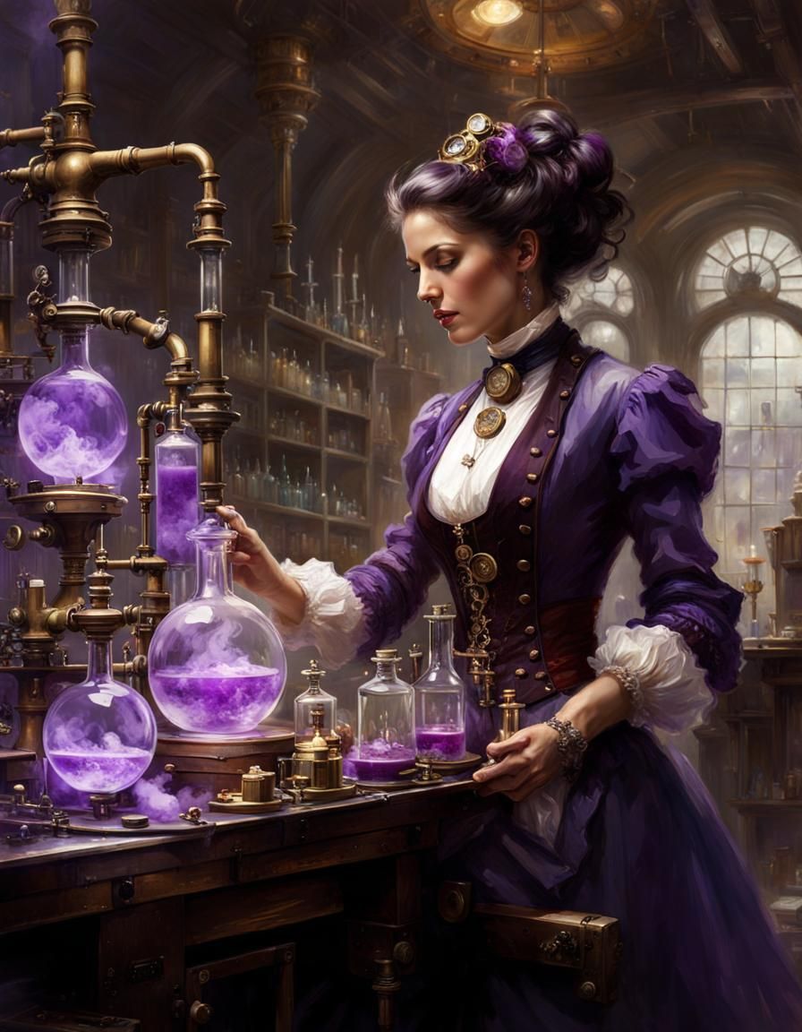 a steampunk sorceress, bedecked in gears and goggles, conducts her arcane symphony.   by @Ferholy