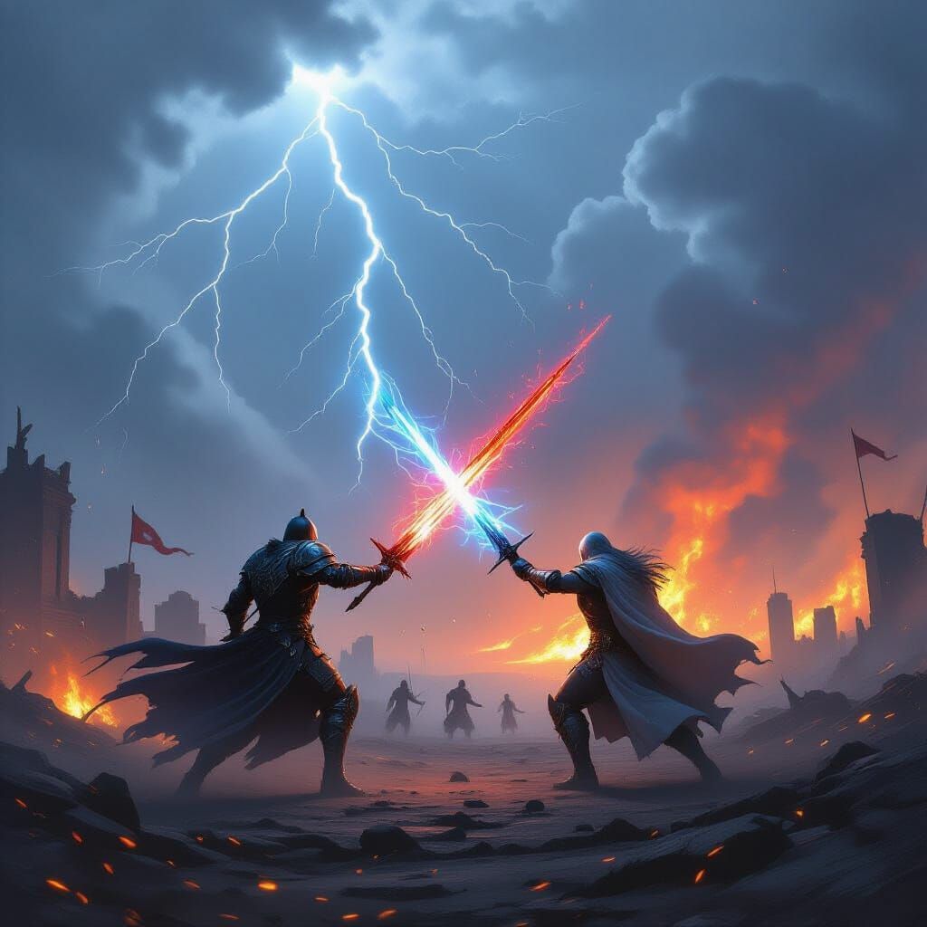 Epic Fantasy Battle Scene with Knights and Volcano