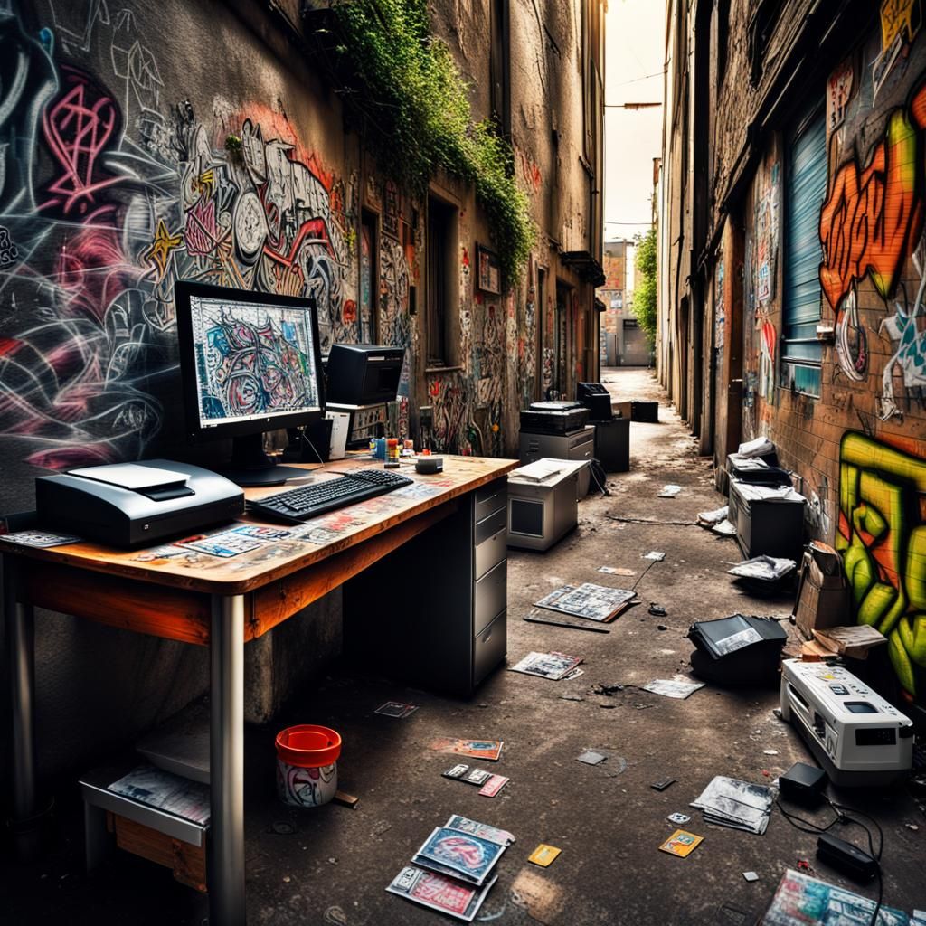 alley with graffiti, stickers and many graphic elements, with desk ...