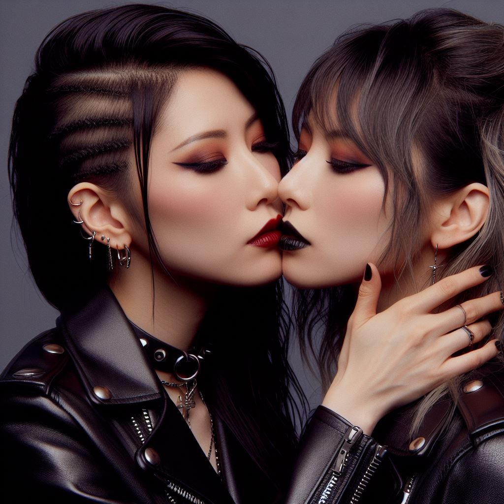 Japanese rock girlfriends kissing in leather