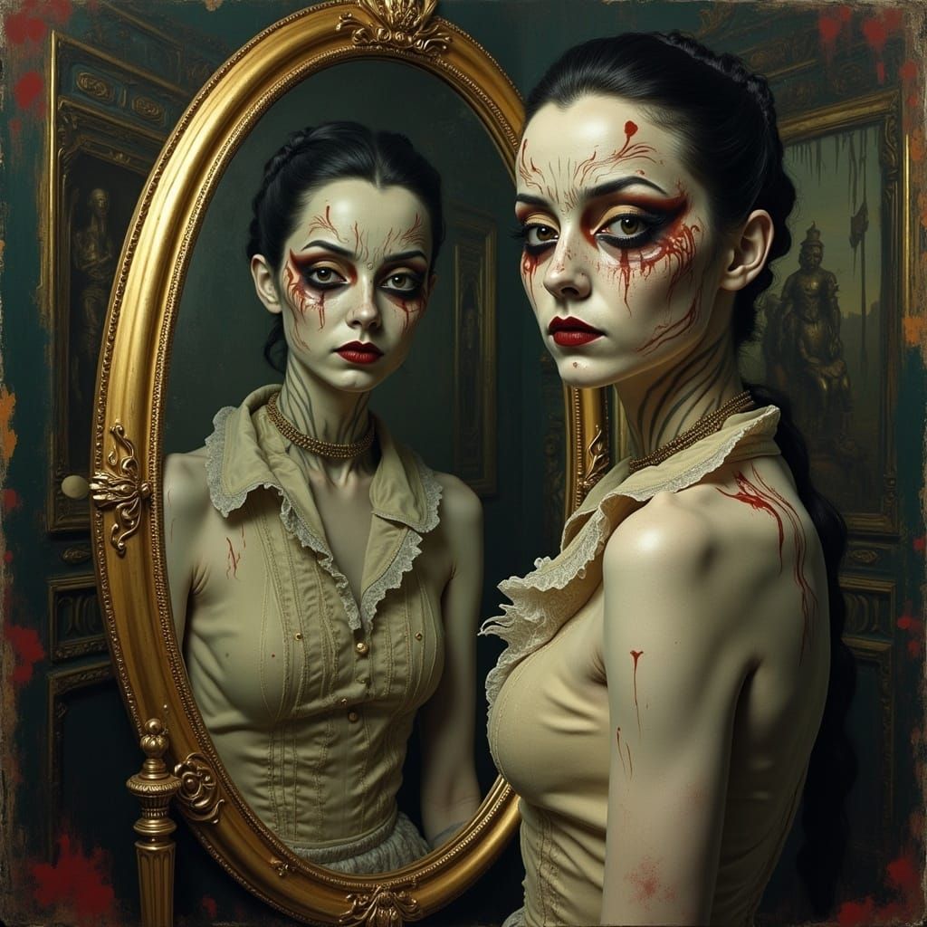 <lora:ZZ ZEBRAPUNK:0.6>Freak show reflections infront of carnival mirror, Claude Cahun   by @Wildflowers77 