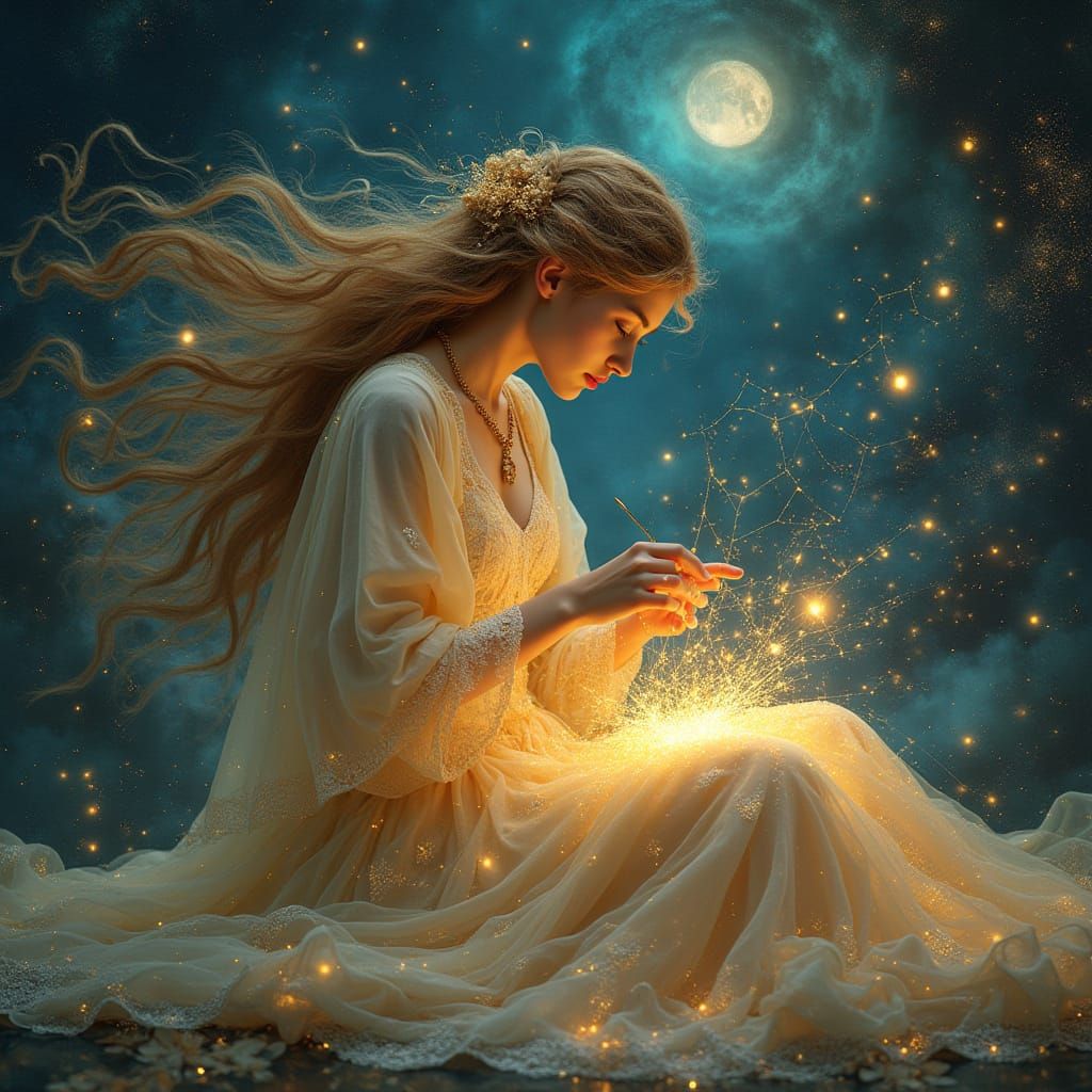 An ethereal dreamscape featuring a celestial seamstress with stardust thread and moonlit needles, weaving constellations into a cosmic tapes...