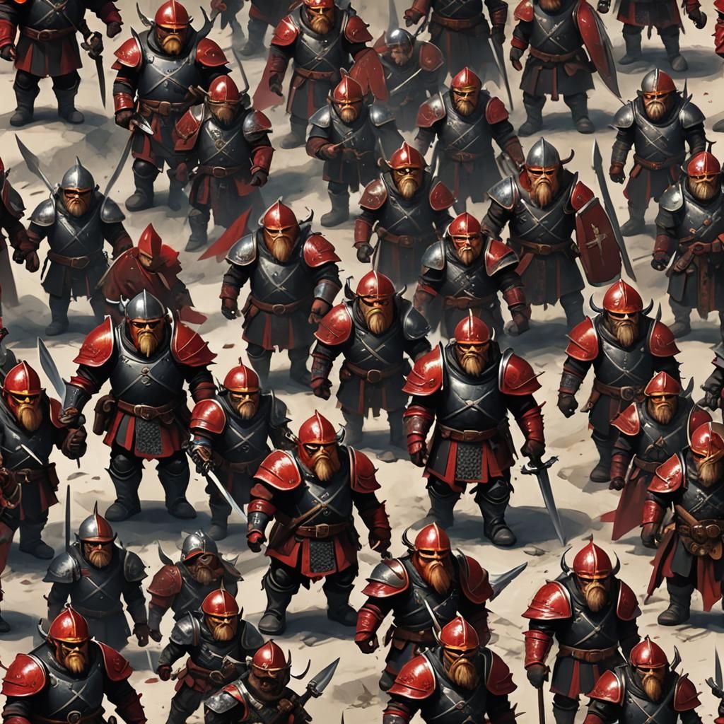 A marching army of evil dwarfs in black and red armor in col...