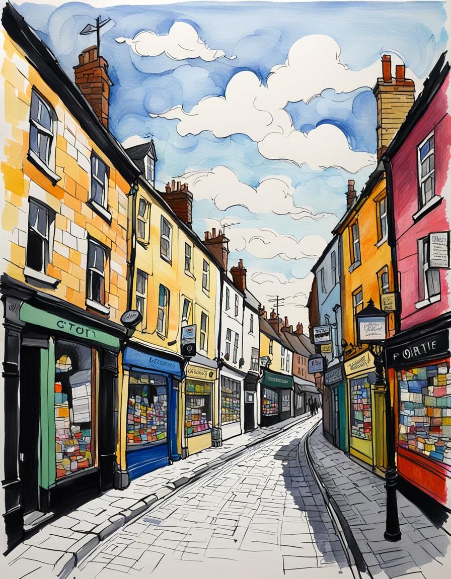 1 point perspective of an english town high street,  quick s...