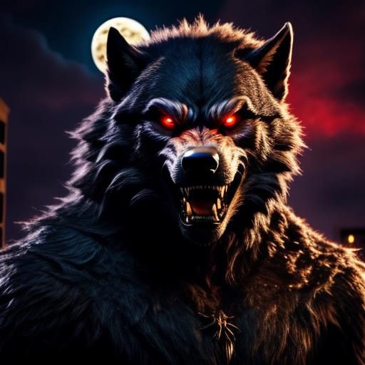  <lora:Fierce Werewolf SD:0.7>Photorealistic portrait of a Powerful anthropomorphic werewolf  under the moonlight in a city 
