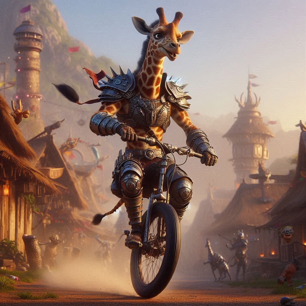 a humanoid giraffe riding a unicycle
