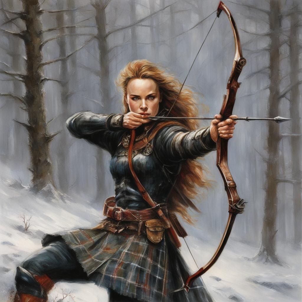 Mérida in royal tartan shooting a bow and arrow in the Scott...