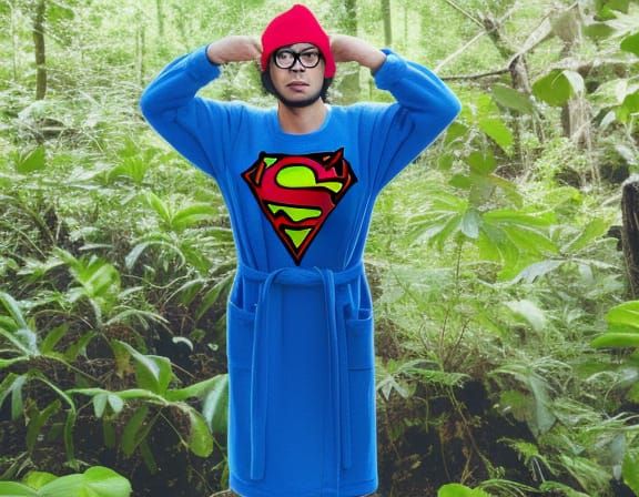 [blue beanie]  eyeglasses robe superman flying over jungle