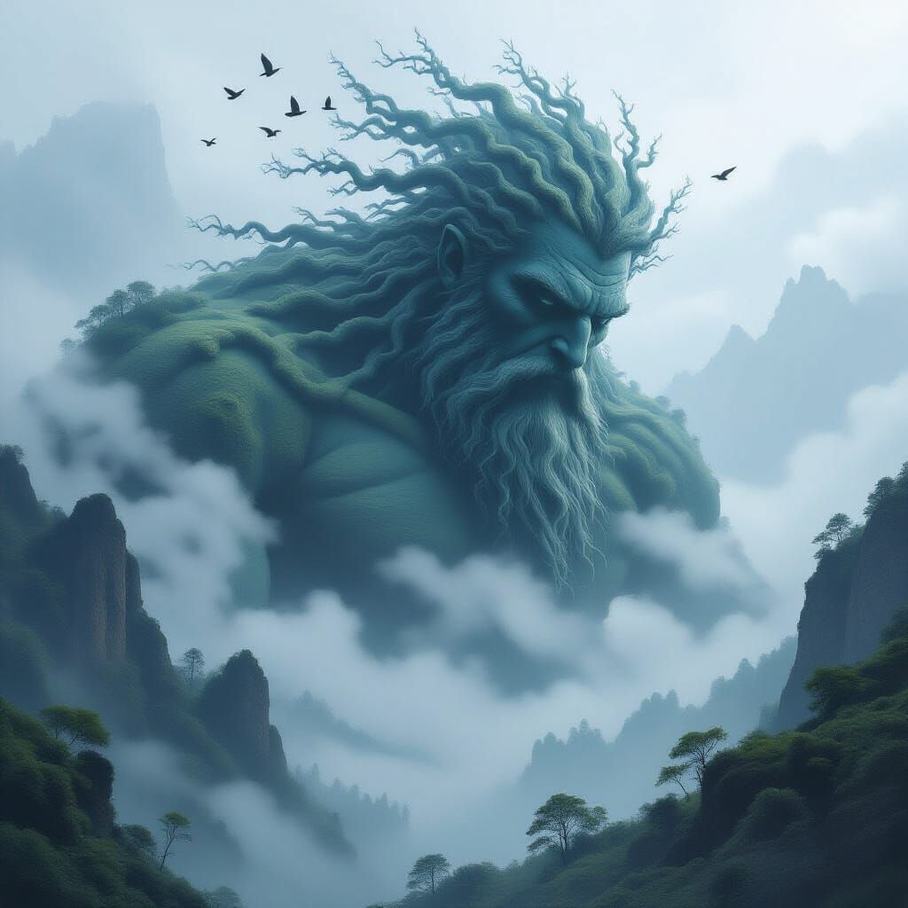 "The Giant Sleeps in the Fog" - in a misty valley, the outline of a sleeping giant is barely discernible, merging with the landscape. His sh...