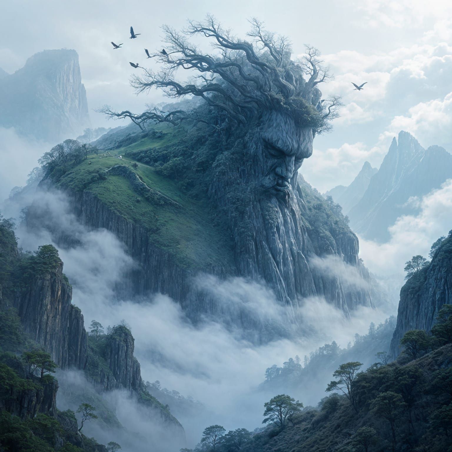 "The Giant Sleeps in the Fog" - in a misty valley, the outline of a sleeping giant is barely discernible, ...  by @Zhopen