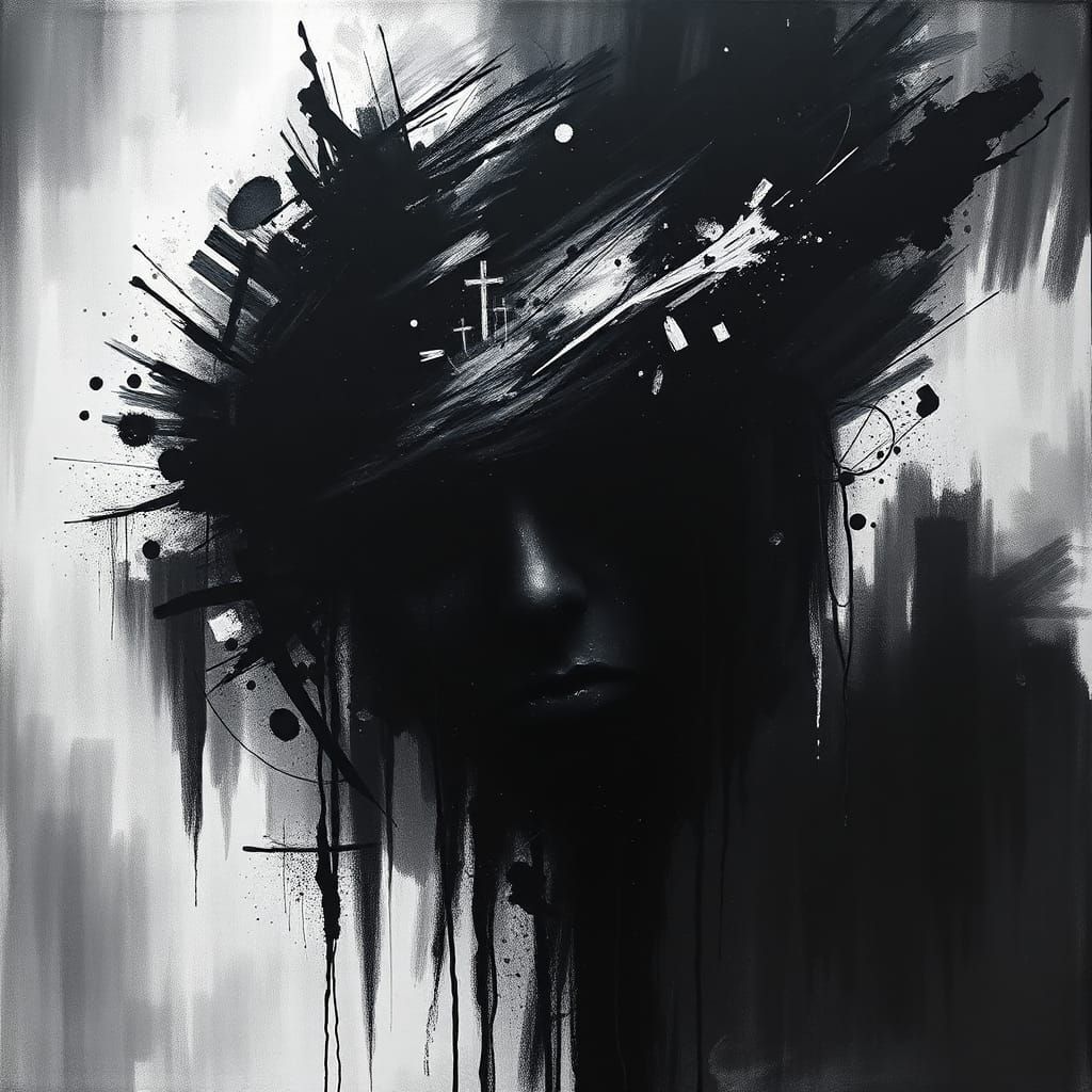 hidden-face - close-up-portrait - masterpiece by Hans Hartung, 8k, bad dream, black and white abstract, dead art, scary-face, eldritch-horro...