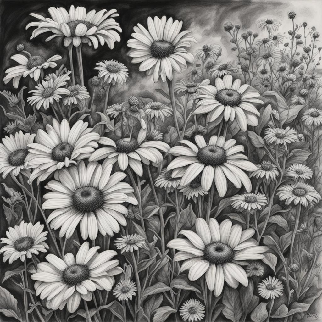 Ink drawing of blackeyed Susan's, daisies, and zinnias - AI Generated ...