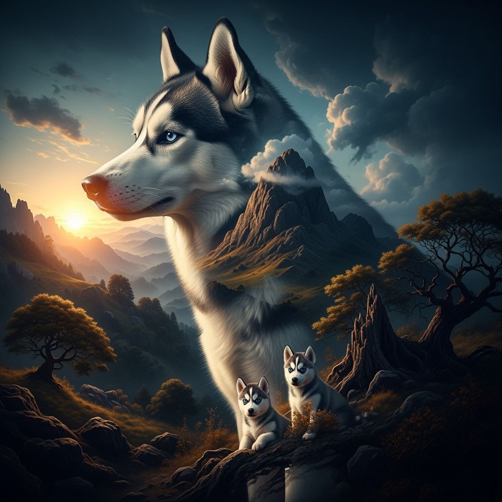 Siberian Husky Double Exposure with Landscape