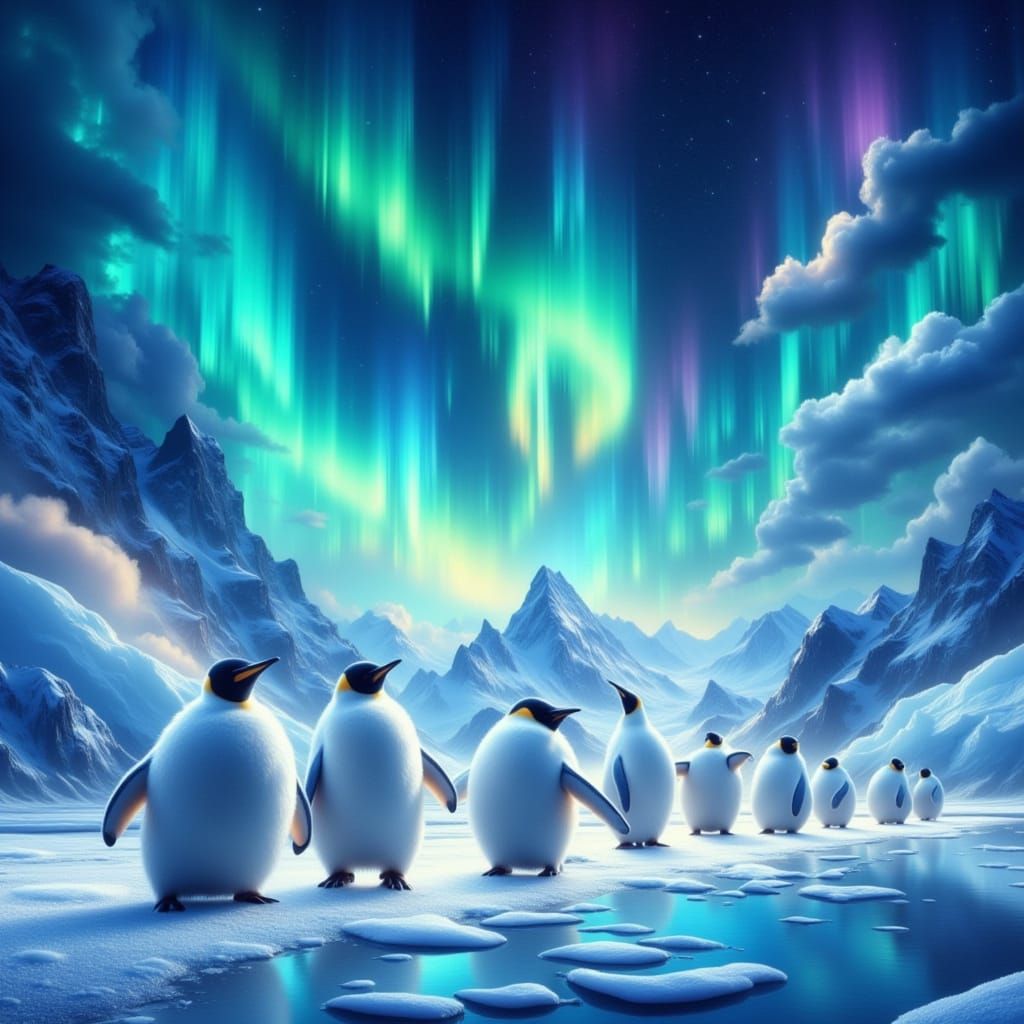 Penguin Family Under Aurora Borealis in Storybook Style