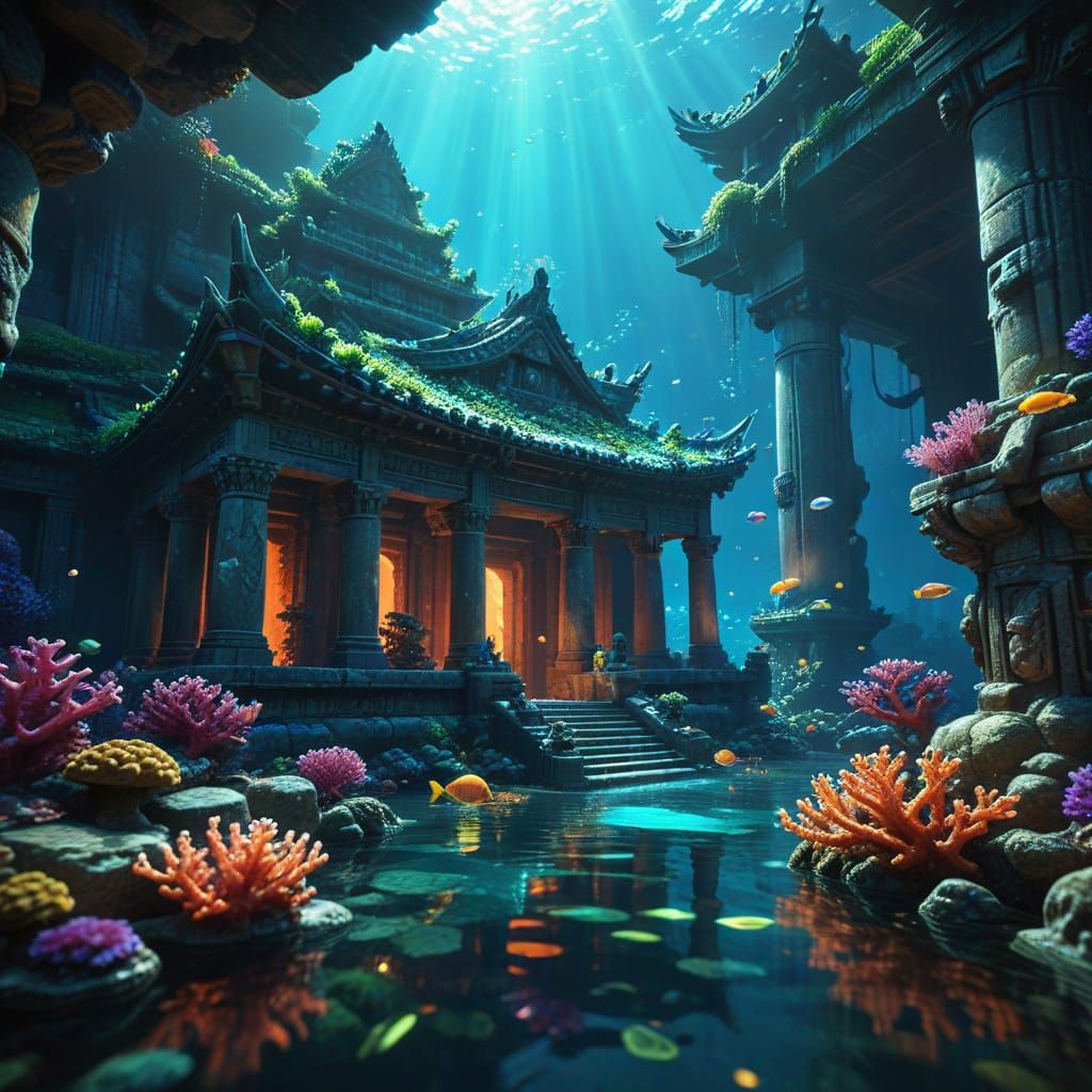 Vibrant Underwater Temple Scene in Hyper-Realistic Digital A...