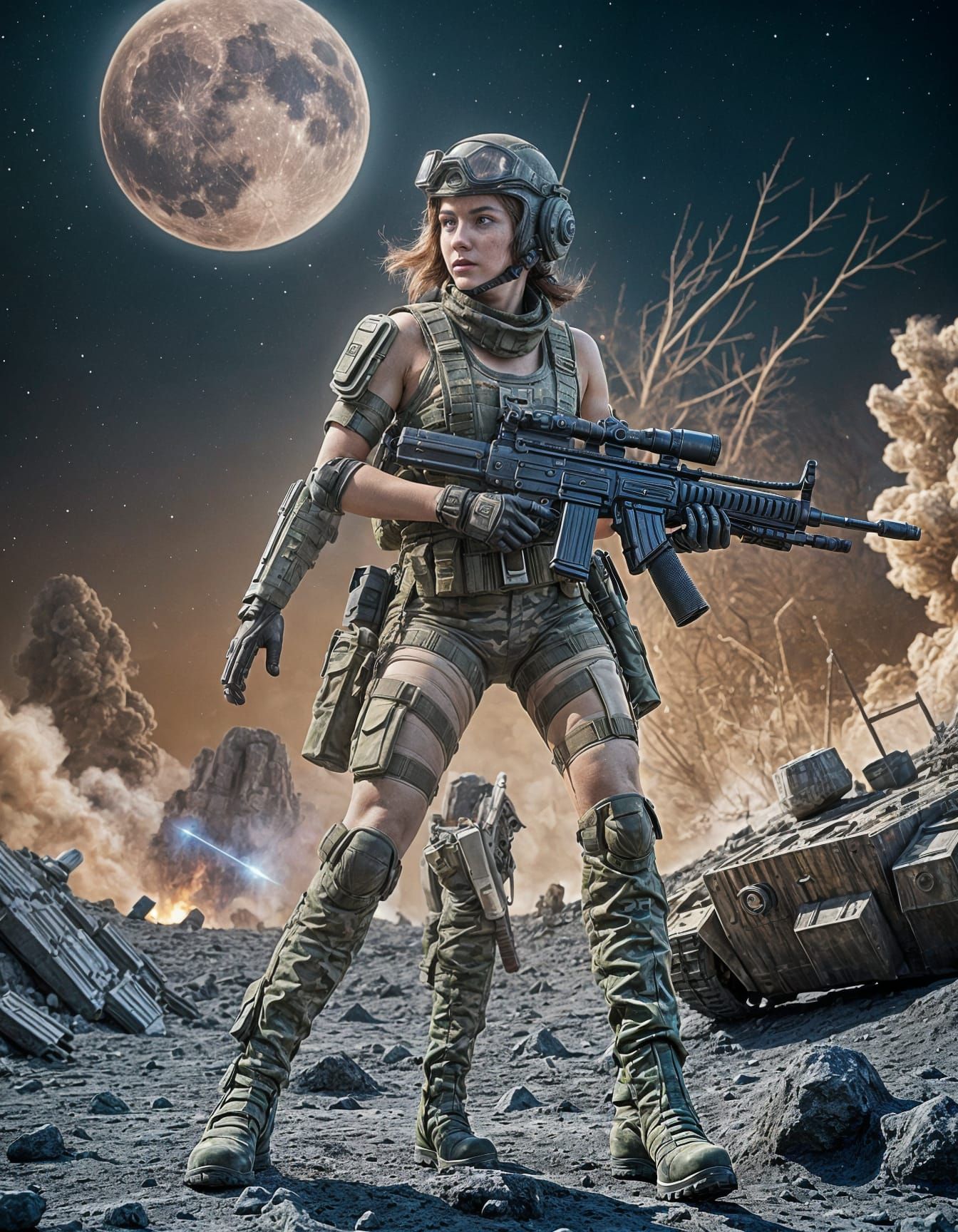 female sci fi soldier,  wearing  a tank top, helmet, camouflage, full equipment belt, boots, long legs, firing a blaster on the moon