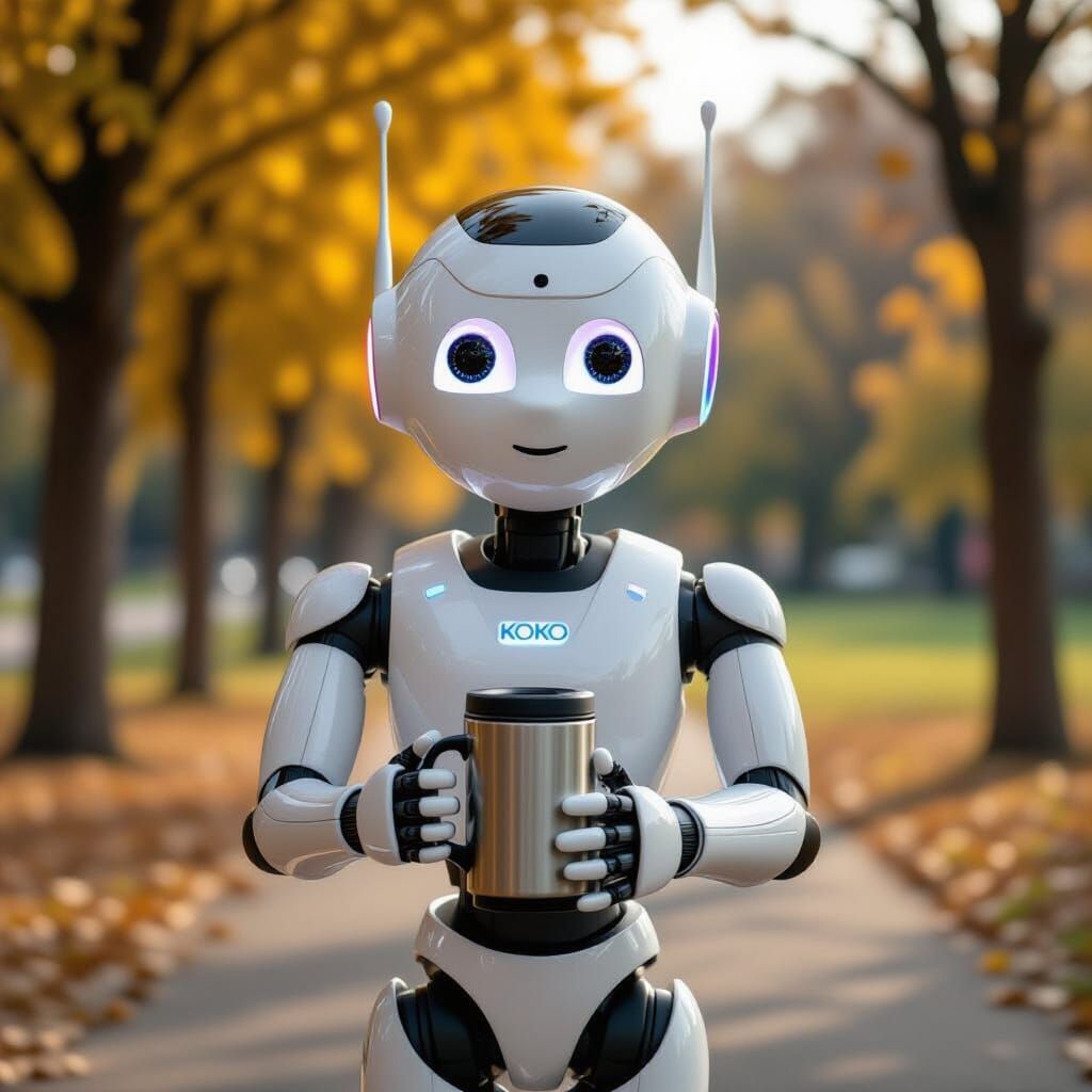 The female robot, branded KOKO, with two antennas on top of its head, and a mini CD player in its head, looking directly ahead with a bold e...