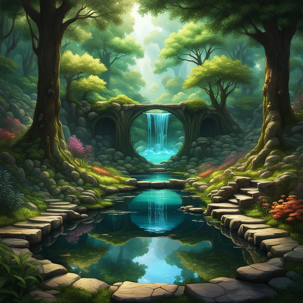 Give me the landscape view of a secret pool secluded in a wooded grove. Then take all the colors of the ...  by @undefined