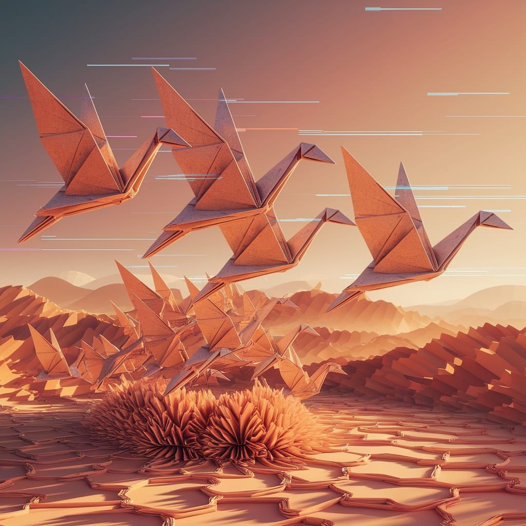 A whimsical flock of origami geese, meticulously folded from vintage paper, take flight over a surreal, ...  by @Mr Mrs Meadows