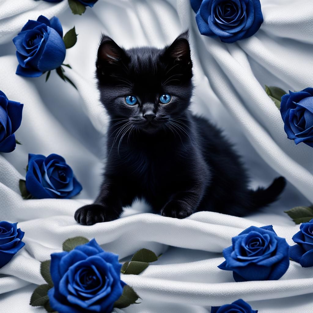 Black Kitten Amidst Dark Blue Roses in Velvet Luxury