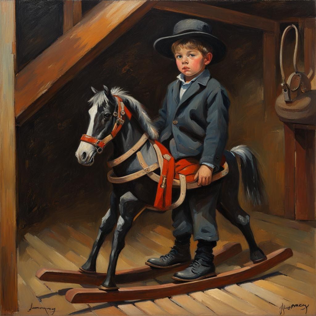 Boy with black hat and rocking horse. In attic.