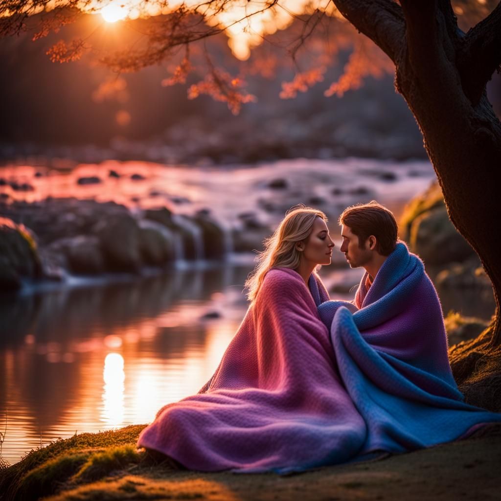 Couple Snuggling at Sunset by Stream