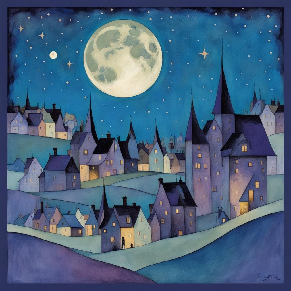 Silhouette of a whimsical enchanted wonky village by Kandins...