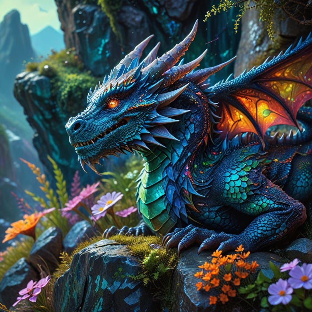 High fantasy, brightly colorful iridescent majestic dragon perched on a rocky ledge with grasses, tiny flowers, mossy rocks and small rough ...
