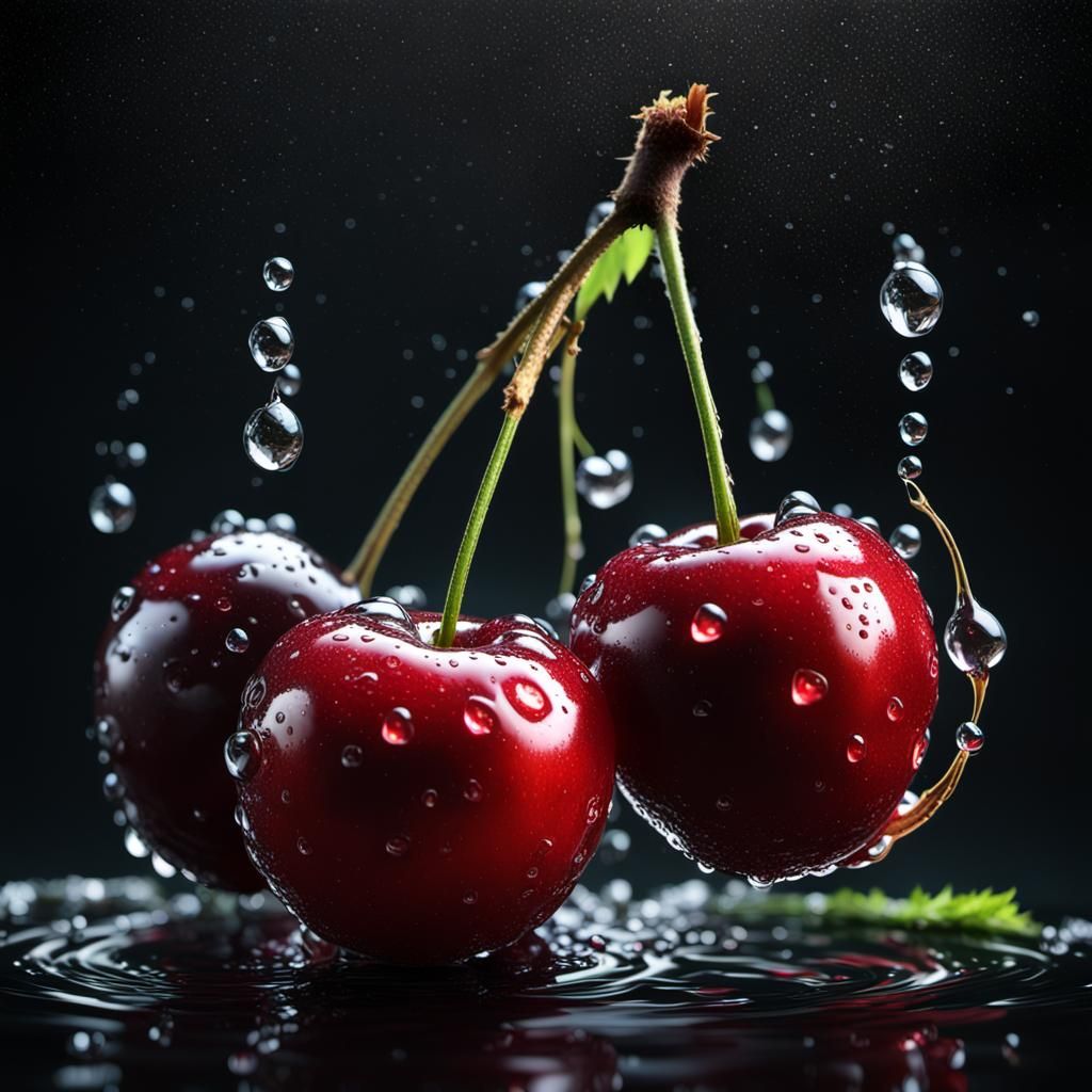 Wet Cherry on Black Background, Detailed Matte Painting