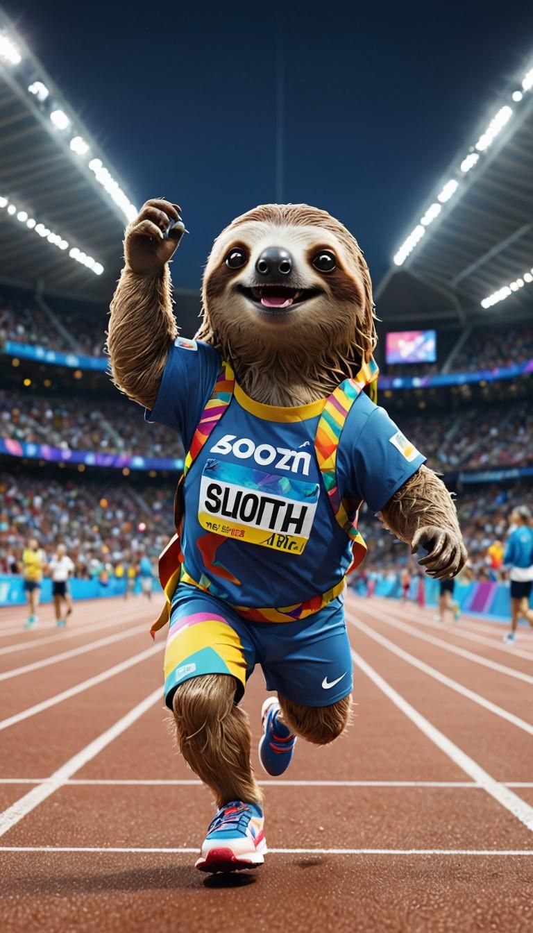 "An anthropomorphic sloth, wearing Nike Air Zoom Pegasus 38 sneakers and a numbered bib, leisurely making ...  by @Giulia
