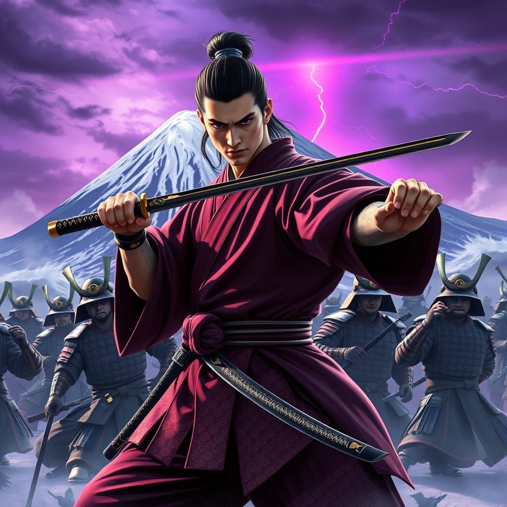 Samurai Warrior on Fujiyama in Dark Fantasy Style