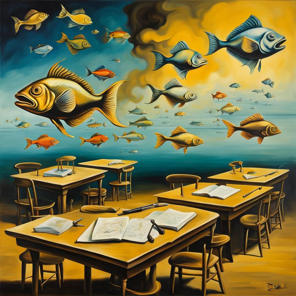 fish school desks surrealism Salvador Dali matte background ...